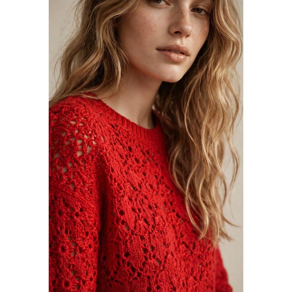 ana Red Crochet Knit Sweater Pointelle Long Sleeve Crew Neck Pullover Size M